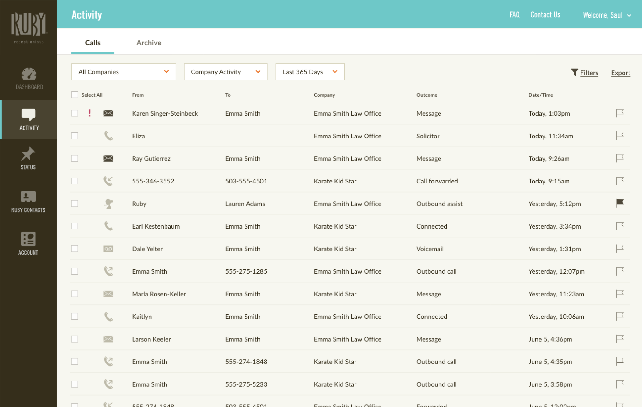Ruby — Receptionists Operating System, web portal call activity